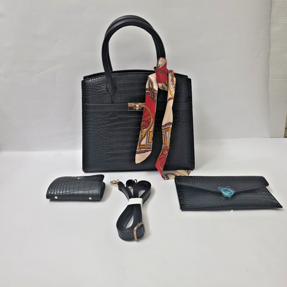 Black Vegan Leather Croc Embossed Satchel Handbag Purse Set Wallet Clutch Strap